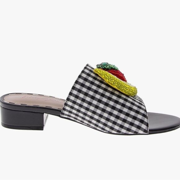 Betsey Johnson Black and White Gingham Sandals with Strawberry Appliqué - Picture 2 of 9